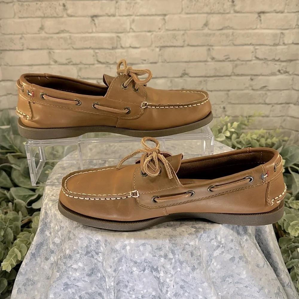 TOMMY HILFIGER “Bowman” Tan Leather Classic 2-Eye Boat Shoes Mens 7M🤎VGUC - Picture 5 of 12